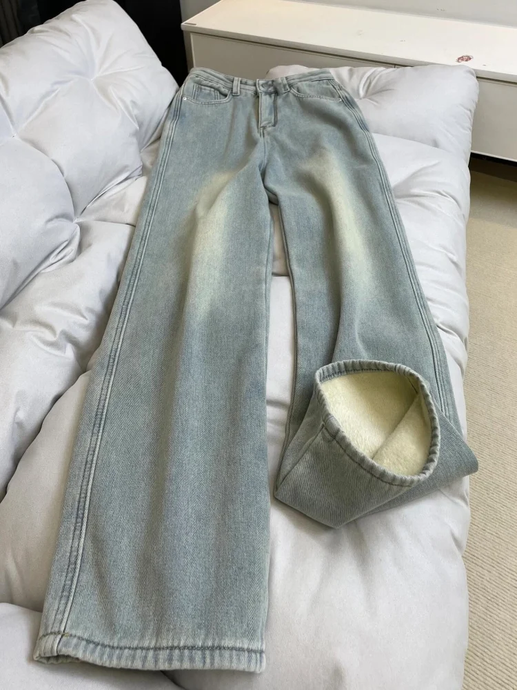 

Women's High Waist Straight Leg Fce Lined Slimming Jeans Autumn Winter New Sle Loose Wide Leg Pants Drapey Fit Casual Wear