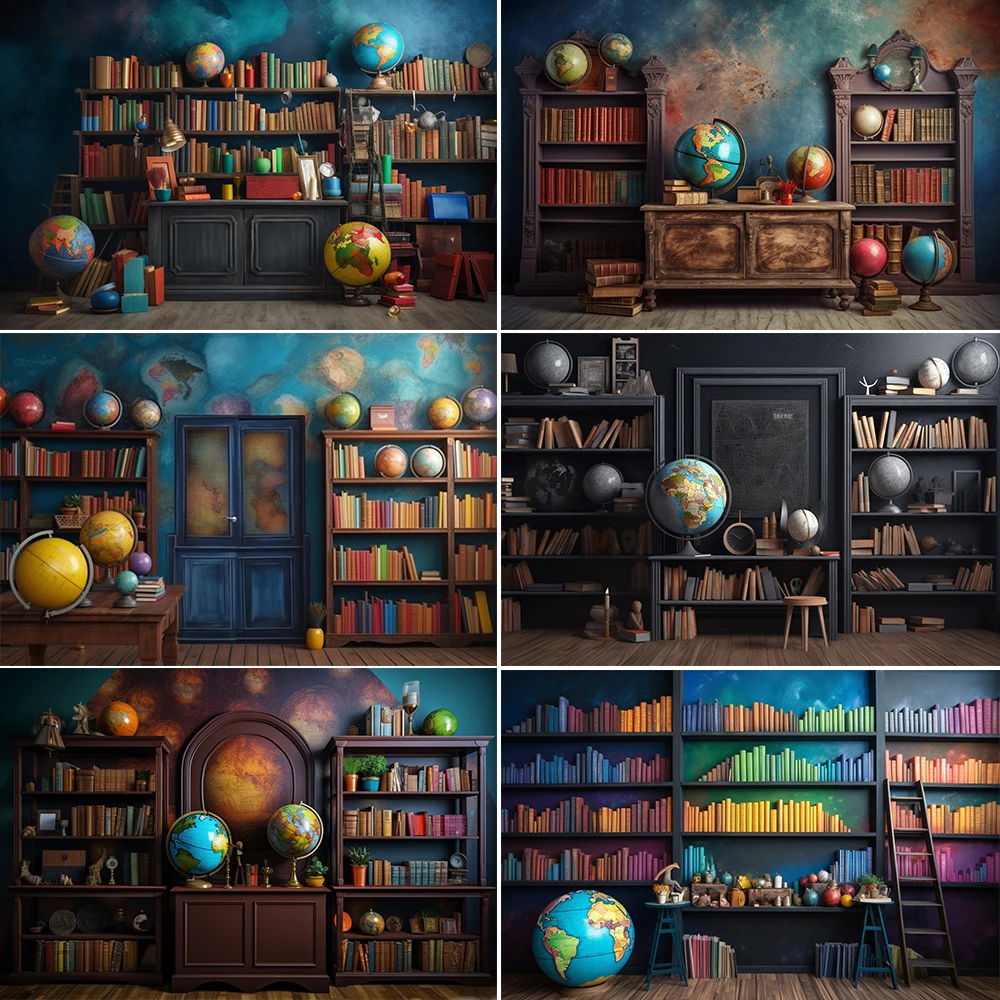 Bonvvie Photography Backdrop Vintage Bookcase Books Globe Back to School Party Decor Portrait Photo Background for Photo Studio