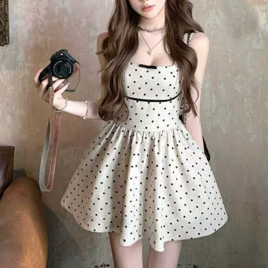 

【New style】Birthday dress high-end French rich girl dress vest dress waist waist wavy dot suspender dress women's summer
