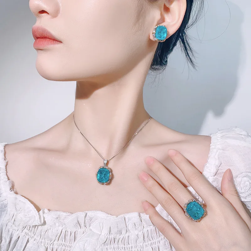 

New European and American Style Jewelry Set Necklace Ring Earrings Lotus Shape Para Blue Light Fashion Light Luxury Women's Whol