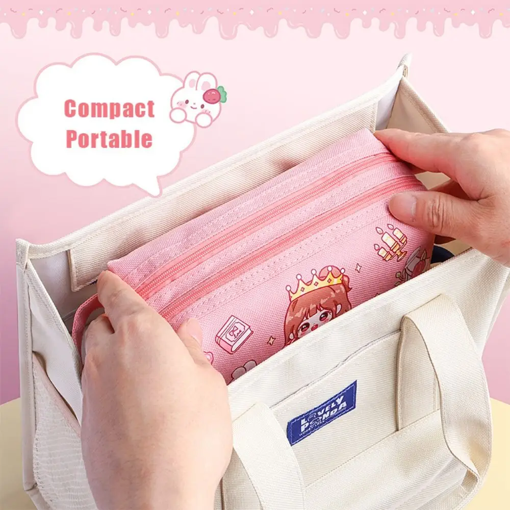 Cartoon Handheld Pen Bag Large Capacity Portable Stationery Bag Double Layers Pencil Case Gift