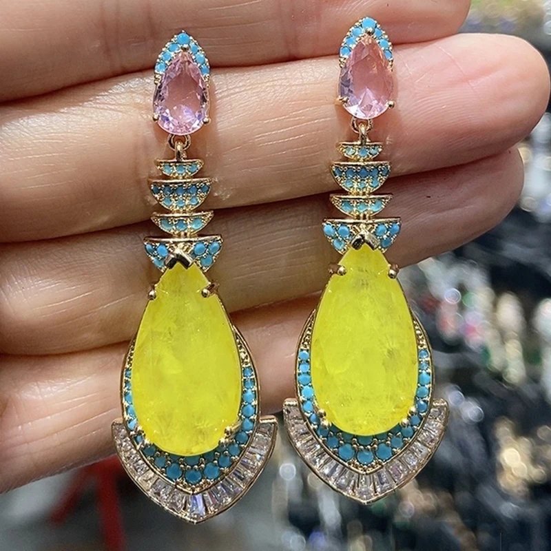 Pendientes de gota de agua blancos, amarillos y azules, largos, Vintage, para boda, novia, cena, fiesta, joyería de lujo, pendientes para mujer, regalo
