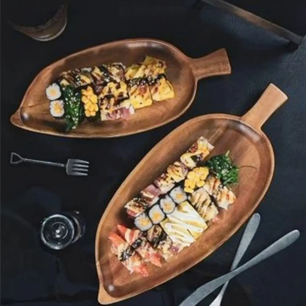 Premium Acacia Wood Leaf Tray Artistic Food Serving Plate Decorative Dish For Snacks Sushi Afternoon Tea Home Kitchen