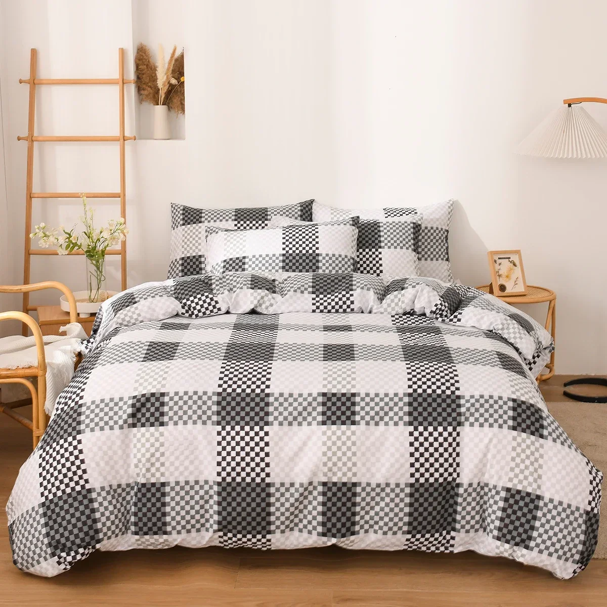 

Duvet Cover Set Bedding Quilt Cover with Pillowcase,Simple Lattice Black White Reversible Bed Sets, Single Double Comforter Sets