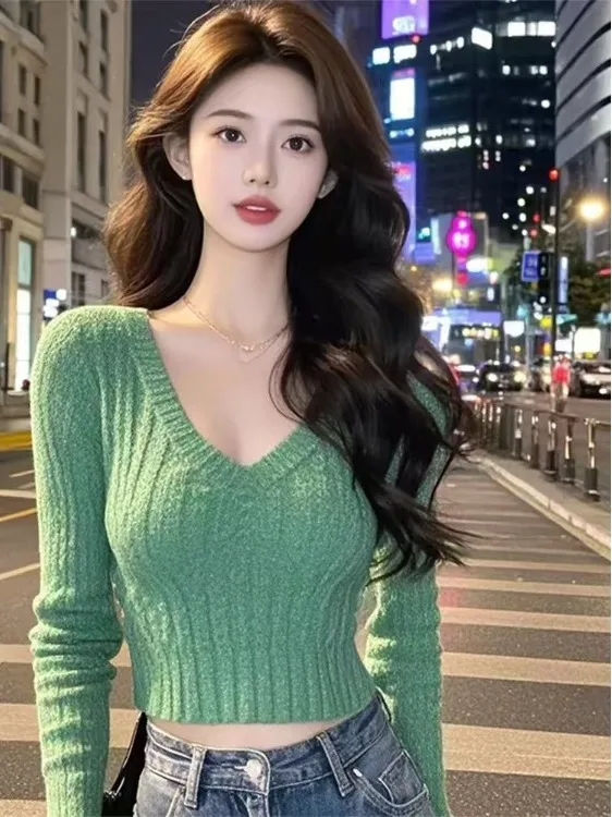 

een Long Sve V-Ne Knitted Base irt Women's Autumn Winter Small Size Ele Pure Desire Slim Fit ort Sle Top