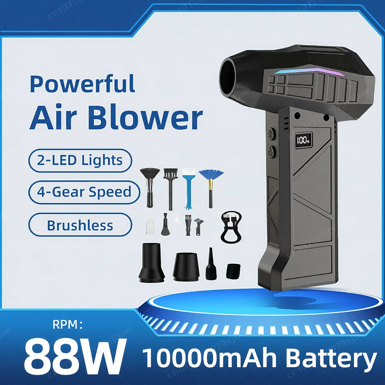 

880000RPM Powerful Air Blower With 2 LED Lights Compressed Air Duster Wind Speed Adjustable Electric Air Duster Portable Blower