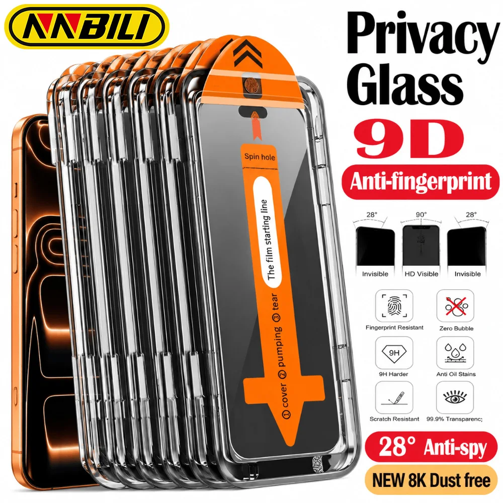 NNBILI 5 Stück staubfreie Installationsbox aus gehärtetem Glas für iPhone 18 Pro Max, Anti-Spionage-Displayschutzfolie, vollständige Bildschirmabdeckung