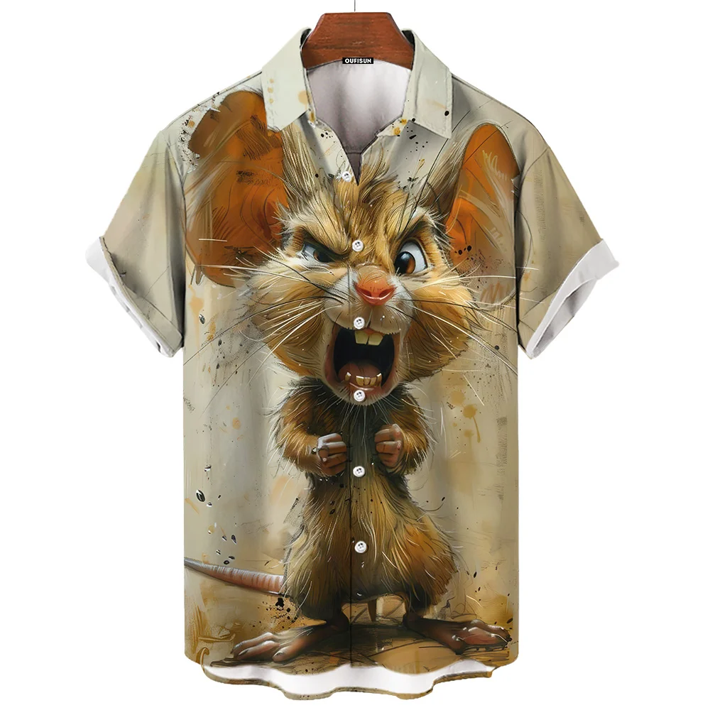 Casual Short Sleeve Shirts For Men Cute Animal Graphic Printed Men's Shirt Oversized Button Up Men's Clothing Interested Men Top