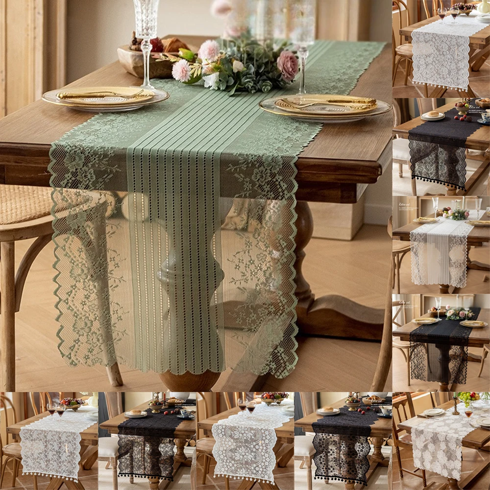 

Floral Lace Table Runner French Sheer White Black Tulle Rectangle Wedding Bridal Shower Party Dining Table Cover Kitchen Supply