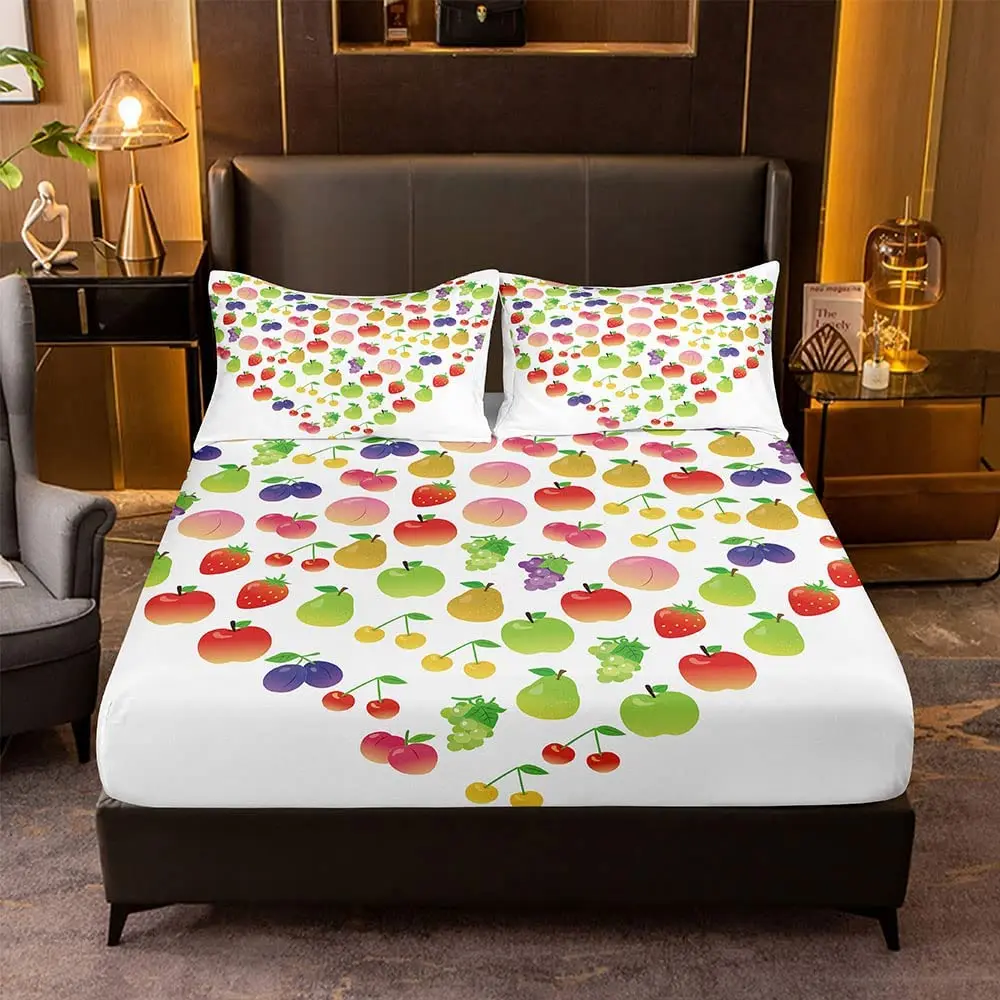 Fruits Fitted Sheet Full Size with 2 Pillowcases Love Heart Pattern Bedding Sets for Kids Teen Adult Pear Grape Apple Strawberry