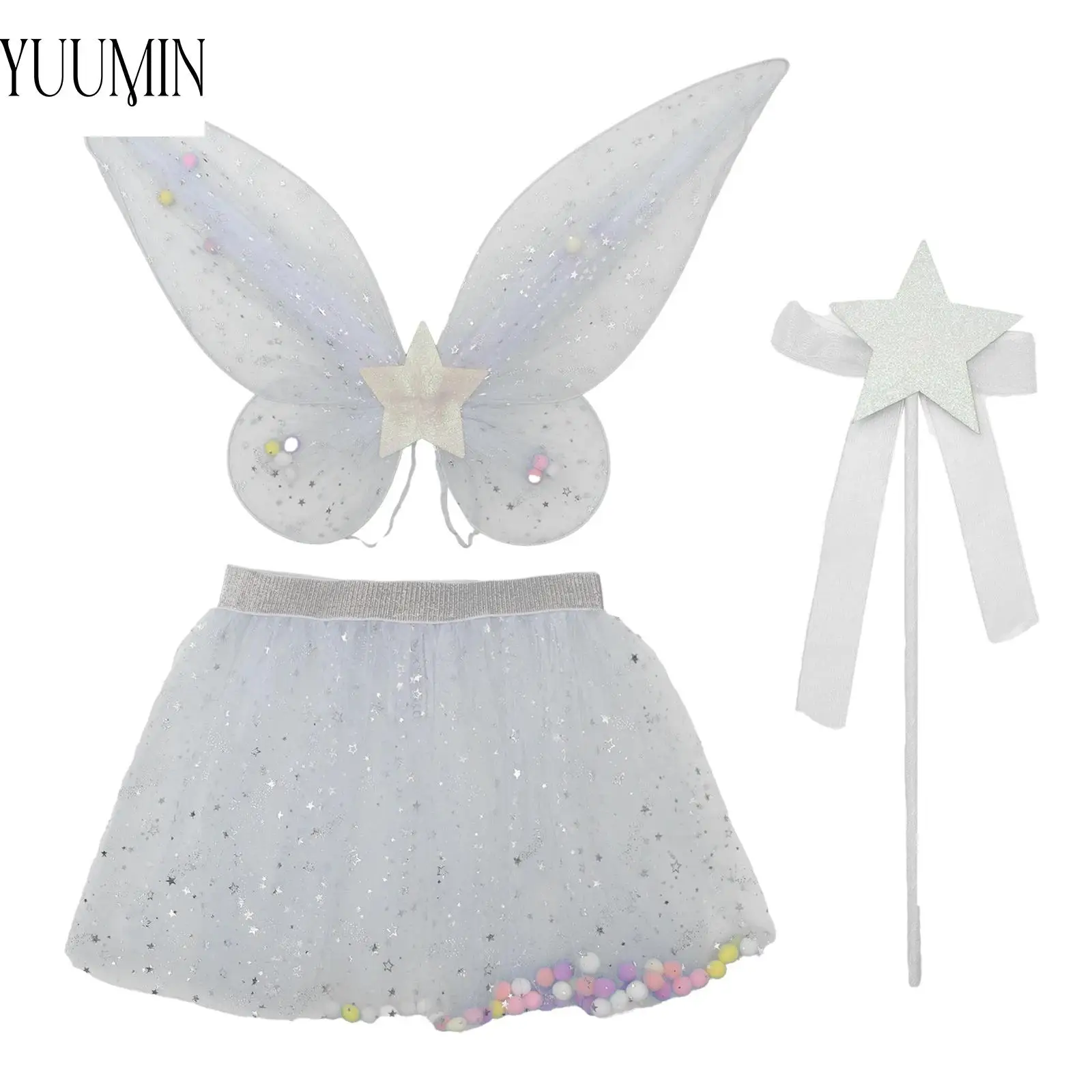 Girls Butterfly Fairy Halloween Cosplay Party Dancewear 3-piece Accessories Elf Wings Colorful Pompoms Tulle Skirt and Star Wand