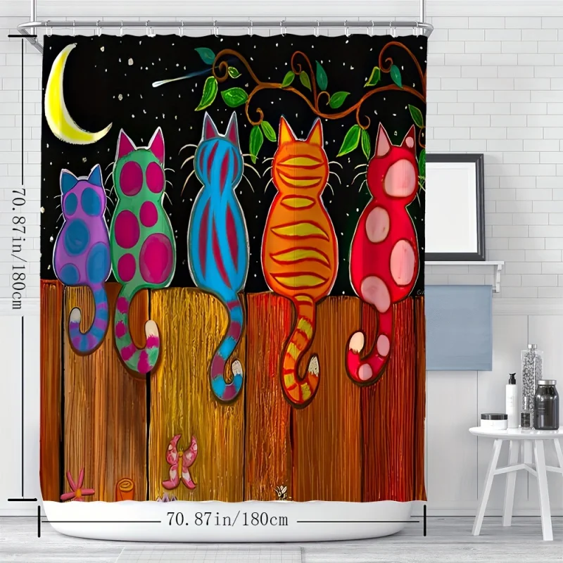 YWJHUI Cartoon Cat Printed Shower Curtain - 1pc Water-resistant Polyester Bath Curtain with Hooks, Machine Washable, All-Season