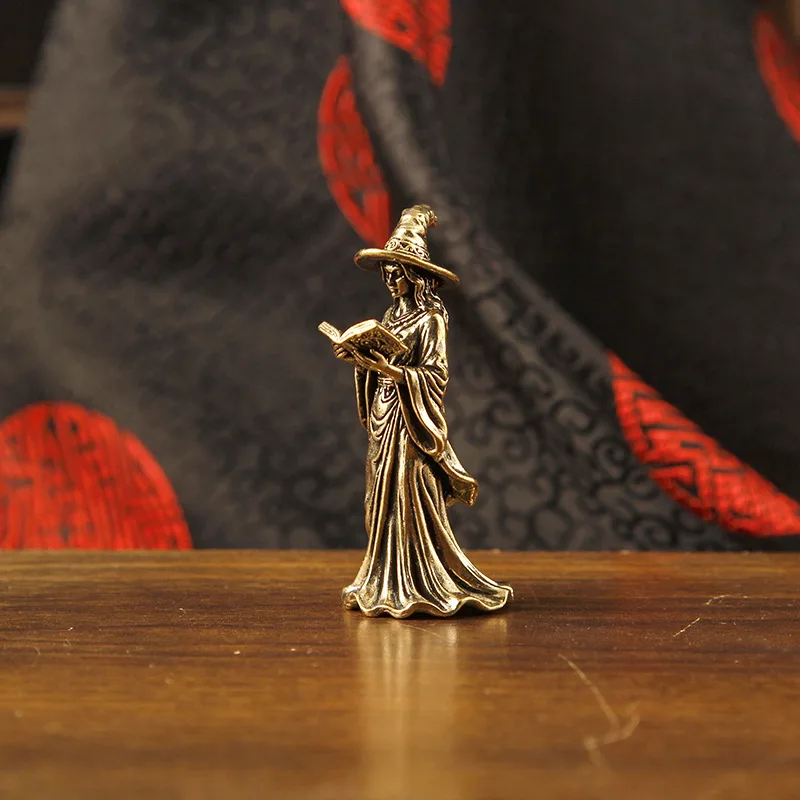 Vintage Brass Mini Witch Figurine Reading Magic Book Statue Antique Desktop Gothic Decor Halloween  Collectible Gift