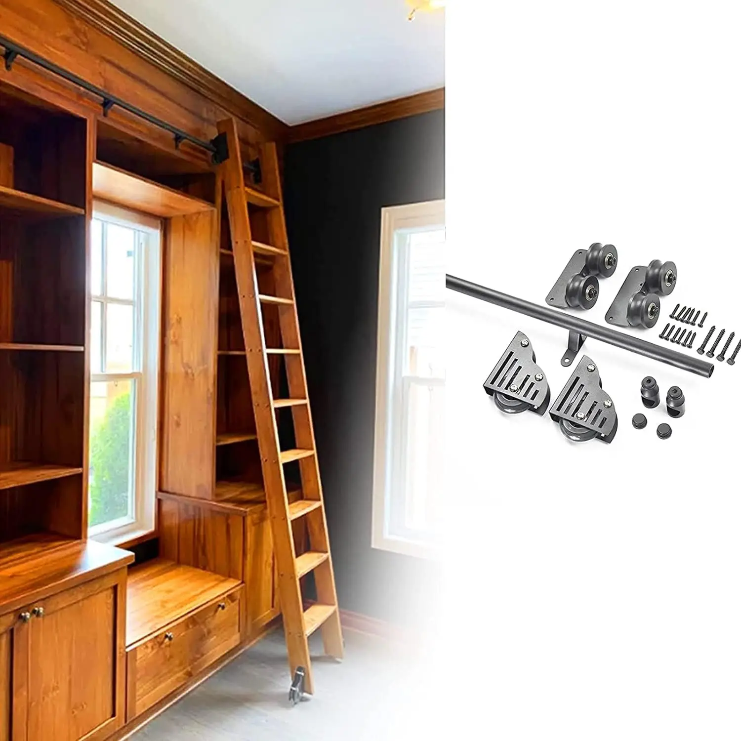 Sliding Barn Door Hardware Kit (No Ladder) 3.3Ft-20Ft, With Floor Roller Wheels + Extention Track/Rail Rolling Ladder Library