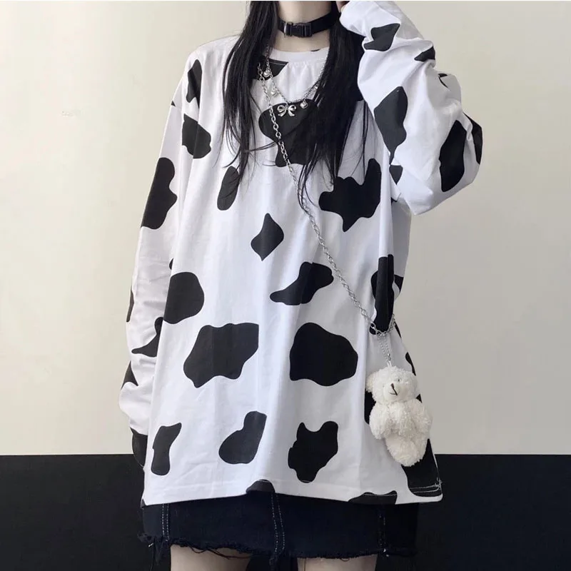 

Cow Print Women's Blouse Long-sleeved Women's T-shirt Fashion Oversized Loose Casual Autumn and Spring Cotton Women's T-shirt