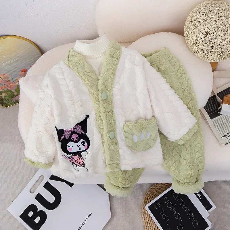 2 قطعة بيجامات الفتيات 2025 الخريف الشتاء سانريو كورومي الكرتون لطيف أنيمي الحلو الأطفال فتاة الفانيلا بدلة طفل ملابس المنزل الدافئة