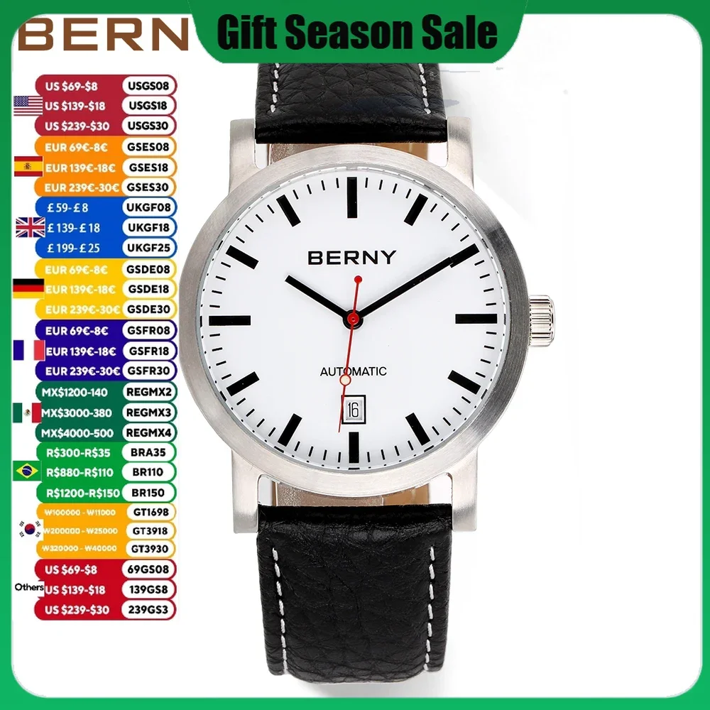 BERNY Watch for Men Mechanical Automatic Watches Seagull Luxury Brand Male Clock Water Resistant Swiss Railway Men\'s Wristwatch