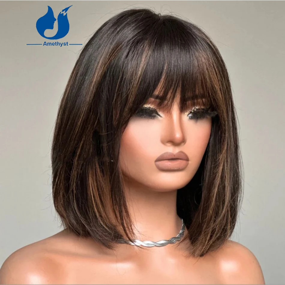 

Amethys Brazilian Highlight Short Straight Bob Wig for Women with Bangs Full Scalp Top Machine Made Human Hair Wig 200% density