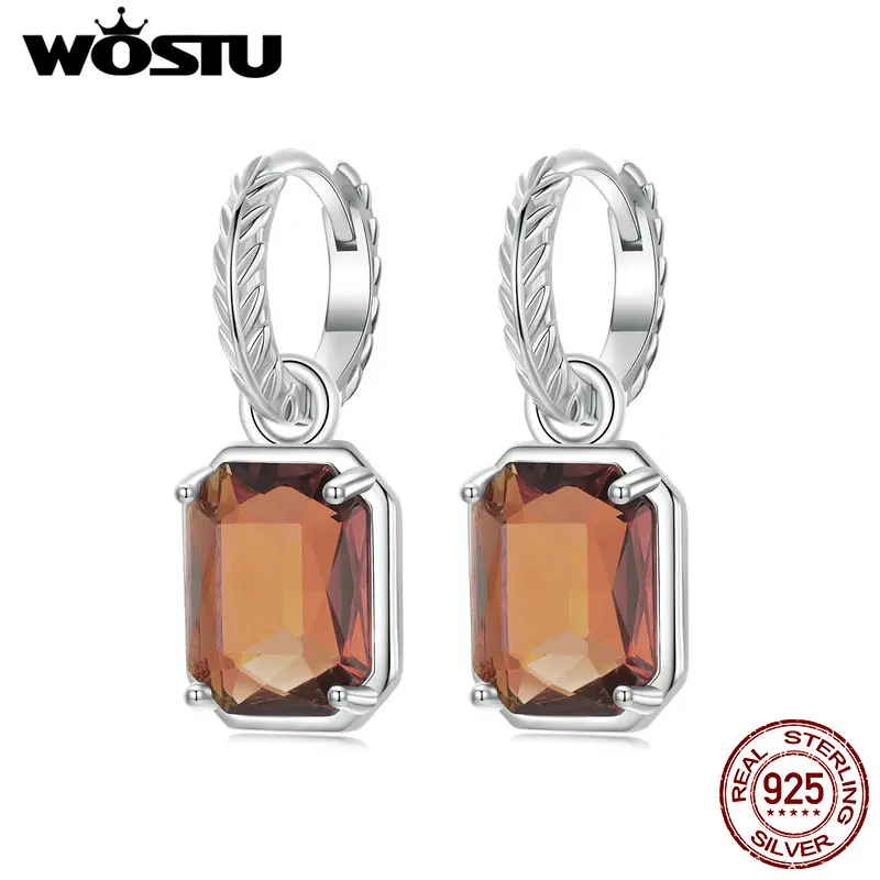 WOSTU 925 Sterling Silver Rectangle Brown Crytal Drop Earrings For Women Wedding Statement Jewelry Leaf Hoop Earring Party Gift