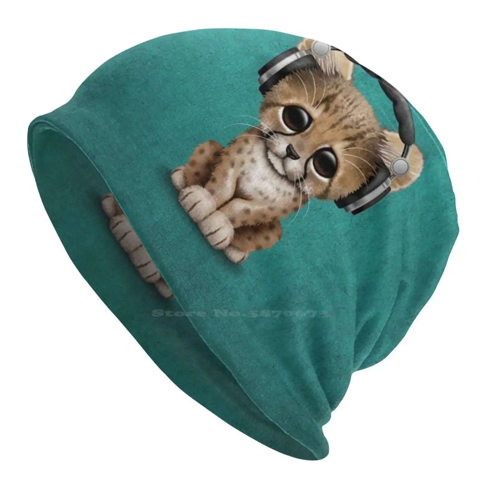 Cute Cheetah Cub Dj Wearing Headphones On Blue Knitted Hat Warm Beanie Outdoor Caps Baby Cheetah Cheetah T Dj Cheetah Wearing