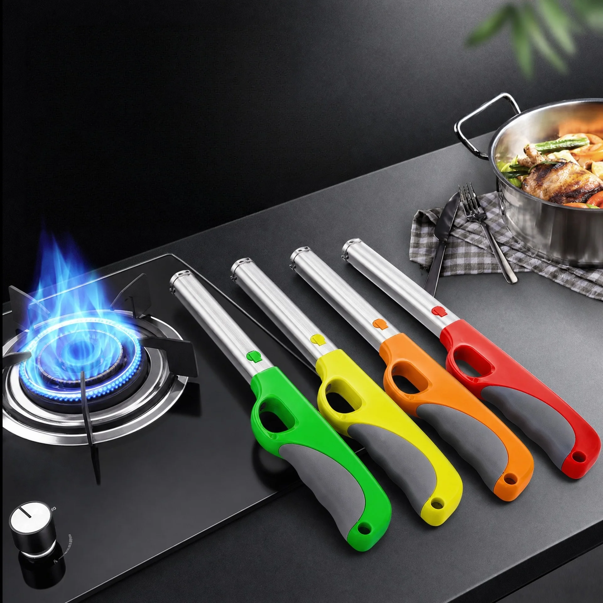 Extended Metal Tube Gas Lighter Multi‑Color Non‑Slip Grip Safety Buckle Kitchen Barbecue Ignition Gadget Long Nozzle