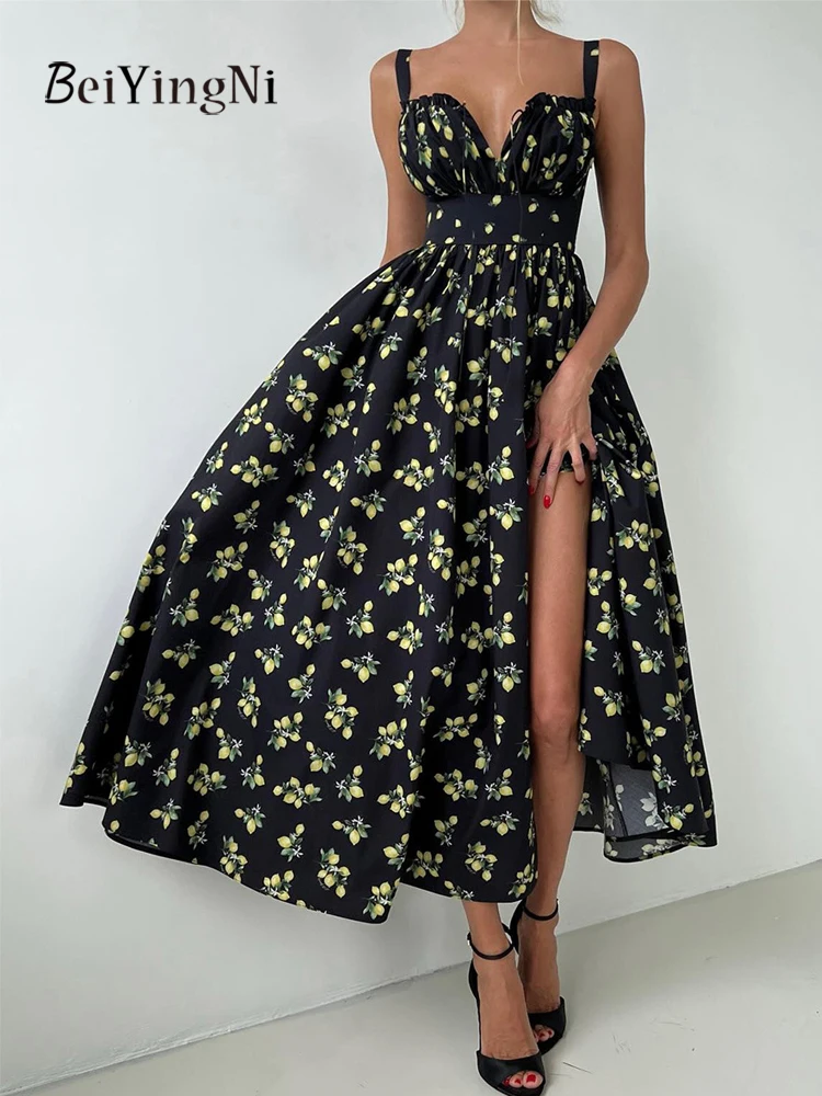 

Beiyingni Sexy Casual Women Dresses Floral Print Summer Low Cut Spaghetti Strap Long Split Dress Female Slim Waist Club Vestidos