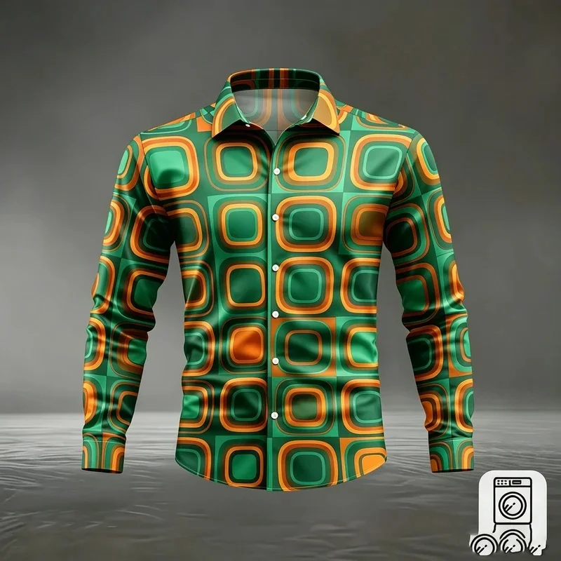 Rounded Square Geometric Print Men's Long-Sleeved Shirt, Stretchy Slim Fit, European Street Style, Turn-Down Collar Casual Shirt