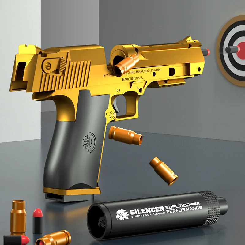 Golden Desert Eagle Soft Shell Bullet Toy Arma, Arma de combate ao ar livre, Brinquedo com silenciador, Glock Simulação, Modelo de pistola para crianças