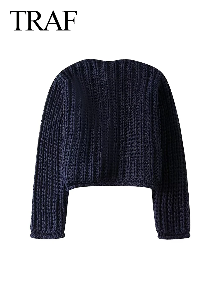 TRAF 2024 Primavera Donna Blu Navy Maglione lavorato a maglia Cappotti con tasche Bottoni Crop Top femminile Cardigan Vintage Casaul Style