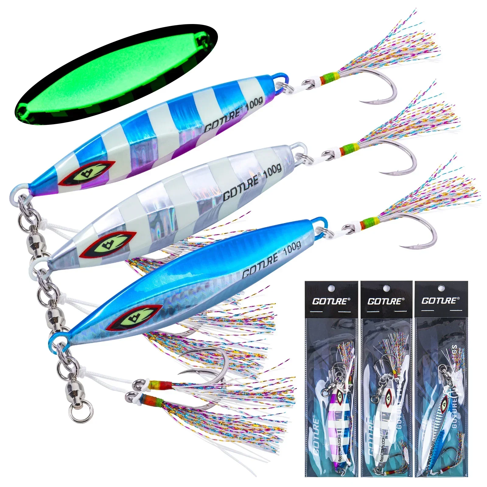 Goture 3pcs/set Metal Jig Lures 100g-250g Artificial Luminous Jigging Fishing Bait For Saltwater Fishing Accessories