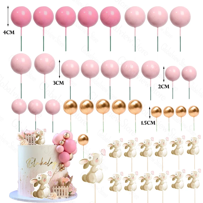 43Pcs Pink Bunny Cake Decorations Pink Gold Balls Cake Topper Rabbit Cupcake Topper Birthday Baby Shower Baptism Decor Girl