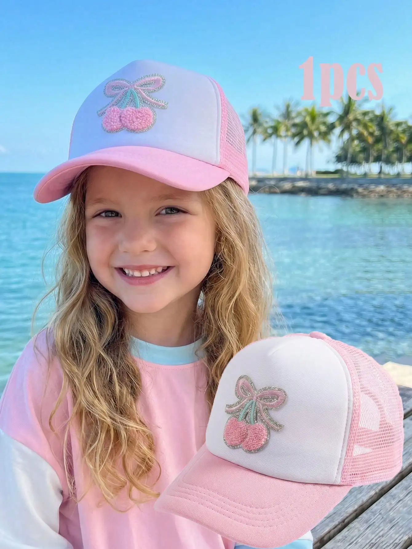 1PCS 3-8Y Girls Embroidery Cherry Mesh Baseball Cap Four Seasons Sponge Mesh Breathable Summer Sun Visor Hat