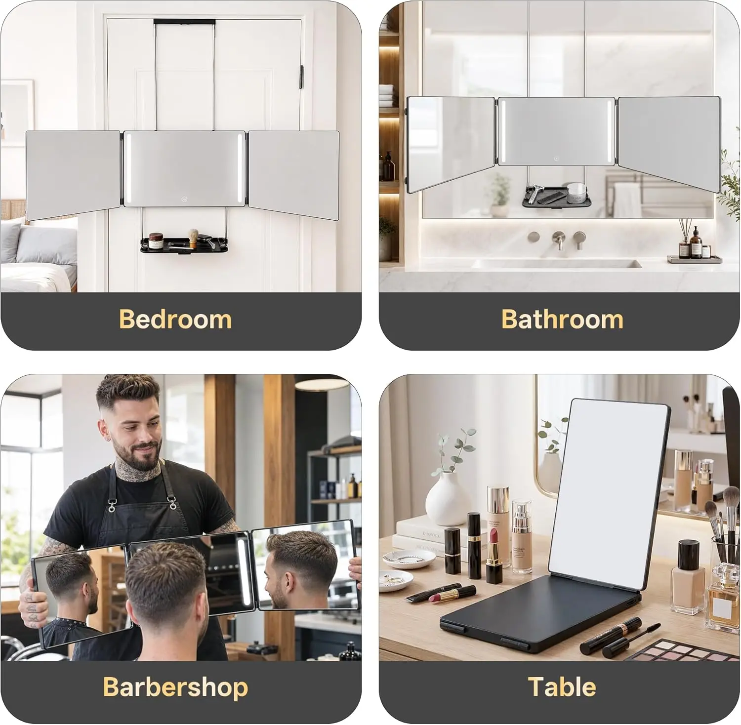 Folding 3 Way Mirror with Lights and Shelf 360 Self Cut Mirror for Self Haircut Rechargeable Dimmable LED Adjustable Hook for Wall Door Tabletop for Men Women Makeup Shaving Braiding for Haircut Makeu image 7