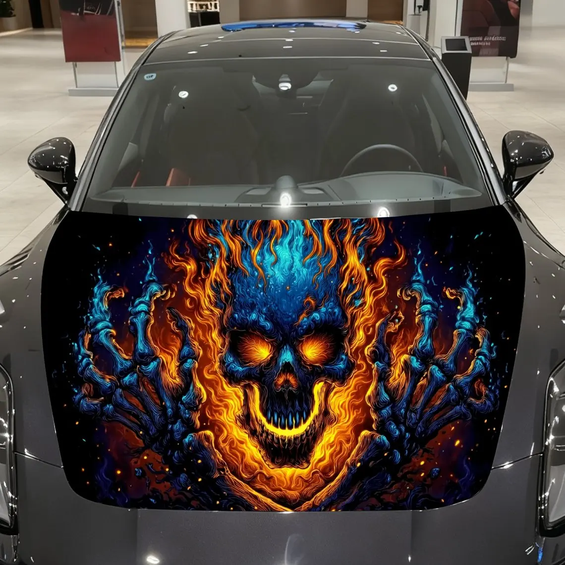 

Ice-Fire Flame Skull Car Vinyl Wrap, PVC Material Waterproof Car Hood Sticker, Self-Adhesive Scratch-Resistant Stickers for Engi
