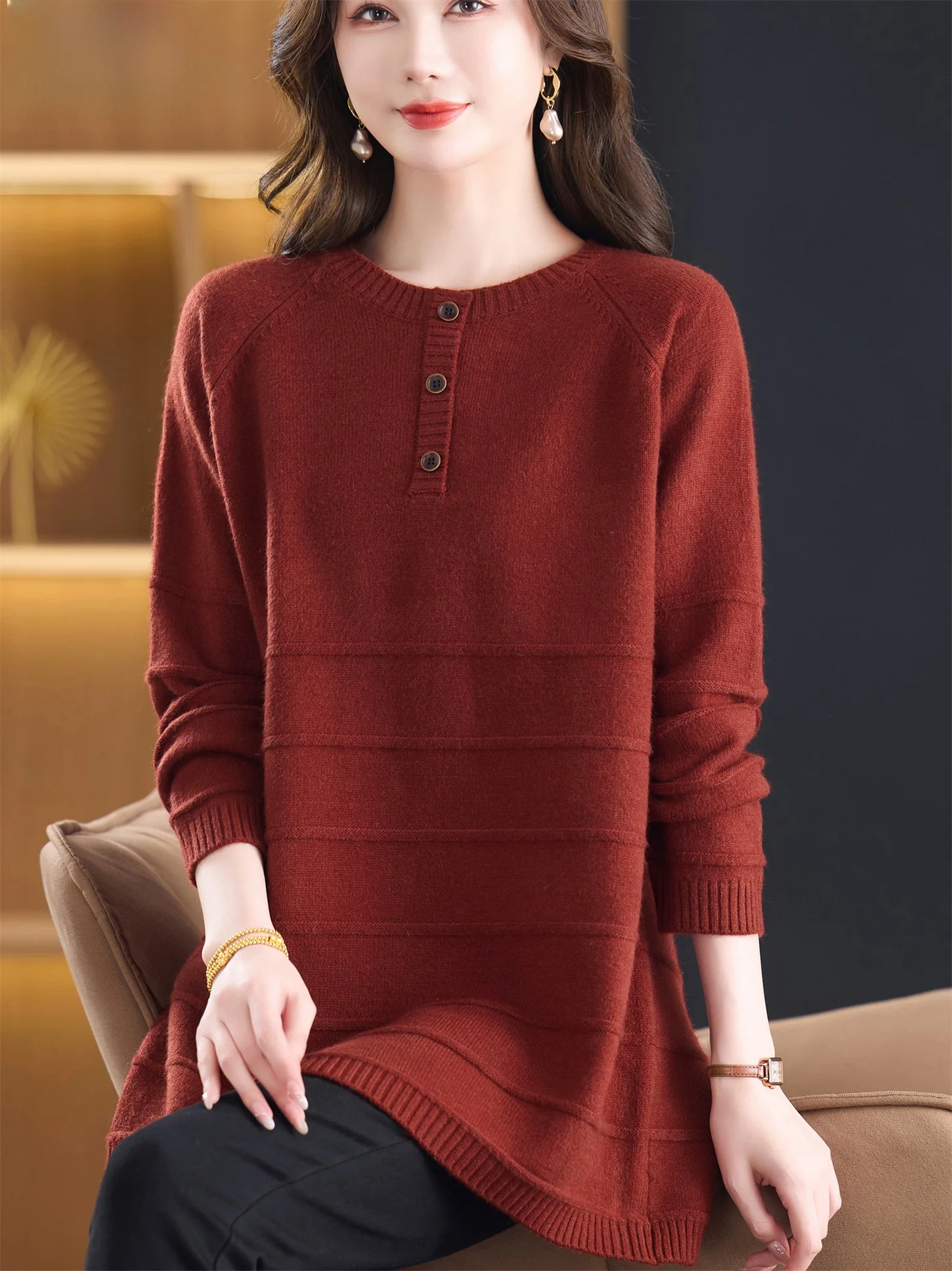 

Faionable Knitted Woolen Long Sve round Ne Loose Base irt for Women Autumn Winter New Sle Mommy Clothes Slimming T...