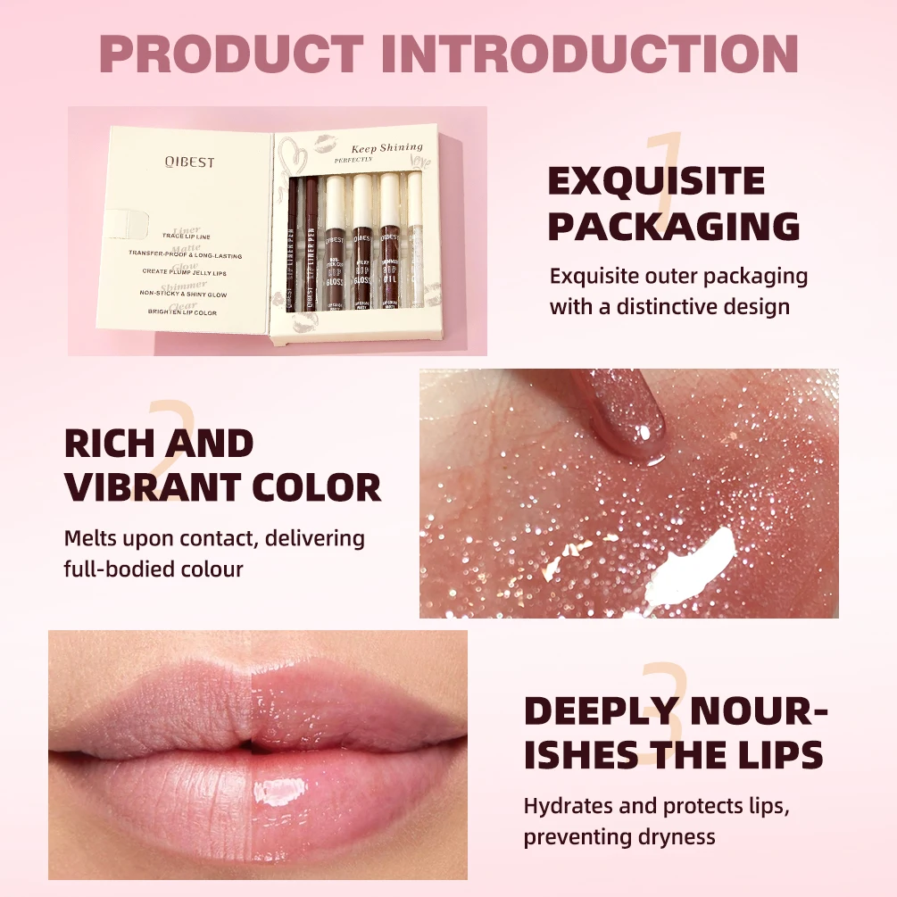 Os kits de cosméticos para festa de cor labial QIBEST incluem 2 * Lipliner, 1 batom líquido fosco, 2 esmaltes labiais espelhados e 1 conjuntos de maquiagem de óleo labial
