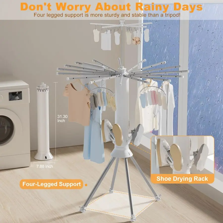 Drying Rack Foldable, 4Legged Portable Drying Rack Clothing with 20 Clips, Shoe Dryer Rack, Outdoor Laundry Drying Racks with 4