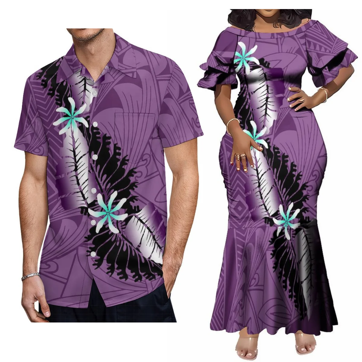 Abito da ballo attillato a coda di pesce da donna con fantasia HD personalizzata Abito da ballo in stile polinesiano e camicia Aloha da uomo hawaiana Abito da coppia samoana