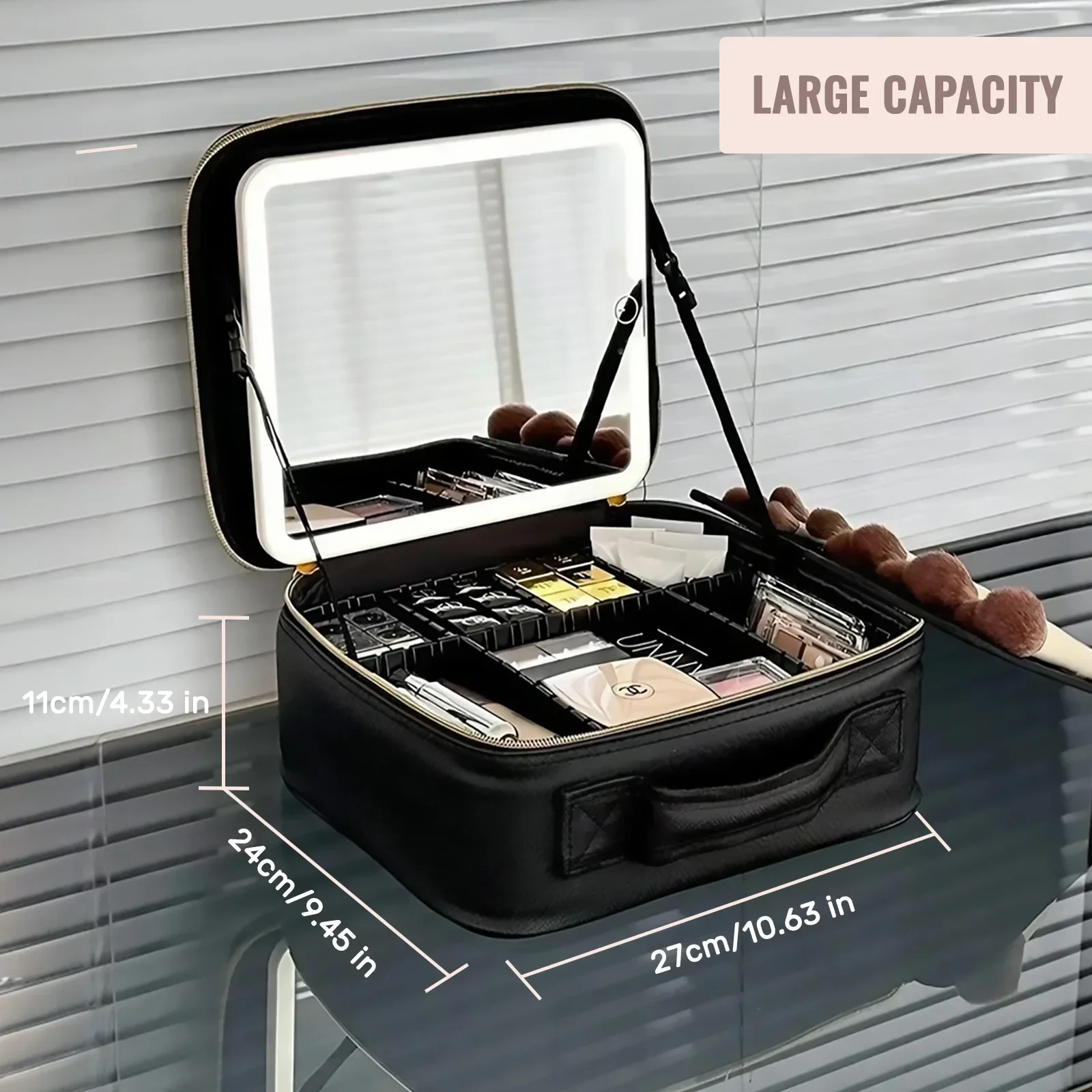 Large-capacity Cosmetic Bag with Lamp and Mirror, Removable Partition, Cosmetic Storage Bag, Portable and Portable for Travel