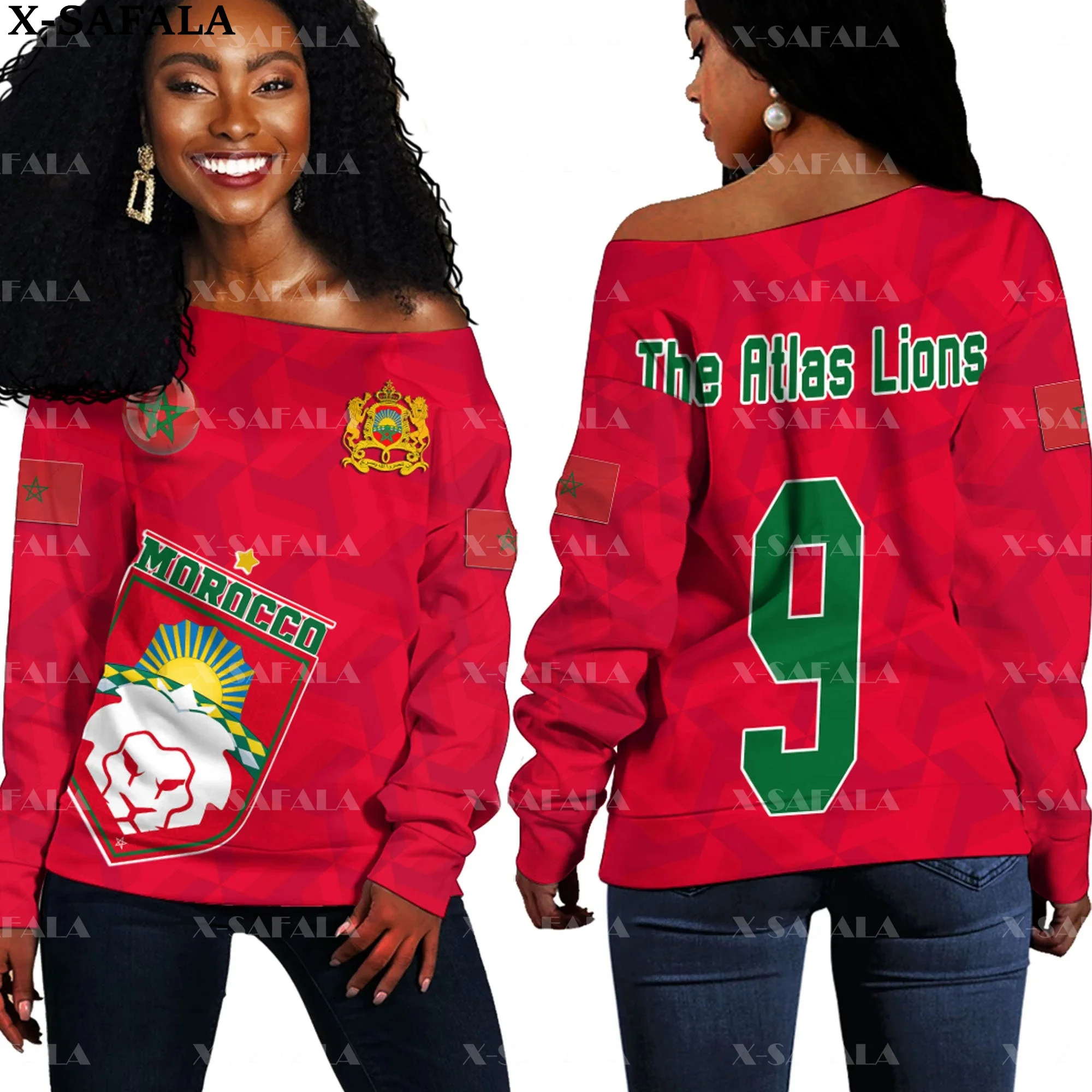 

Morocco Emblem Country National Flag Style 3D Printed Novelty Women Off-Shoulder Casual Long Sleeve Sweatshirt Pullover-2