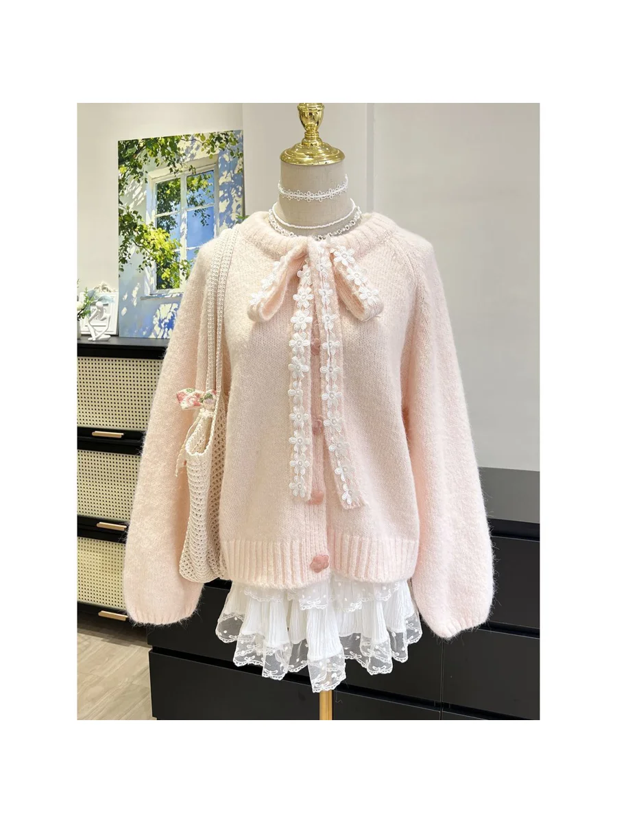 Sweet Girl Style Lace Trim  Knot Sweater Jacket Women's Soft Loose Knitted Cardigan Polyester Fiber Spring Autumn
