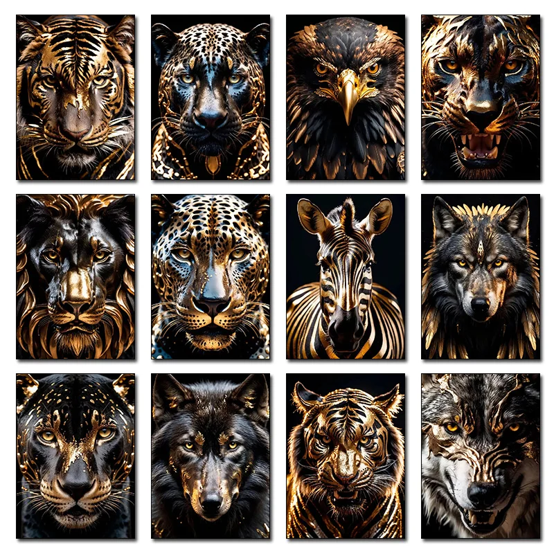 Luxury Black and Golden Animals Zebra Lion Tiger Eagle Wolf Wall Art Posters and Prints Canvas Paintings Picture Room Home De