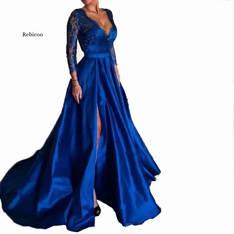 Wedding Bride Prom Dress V Neck Royal Blue Long Sleeves Lace Satin Evening Party Elegant cocktail Ball Gown