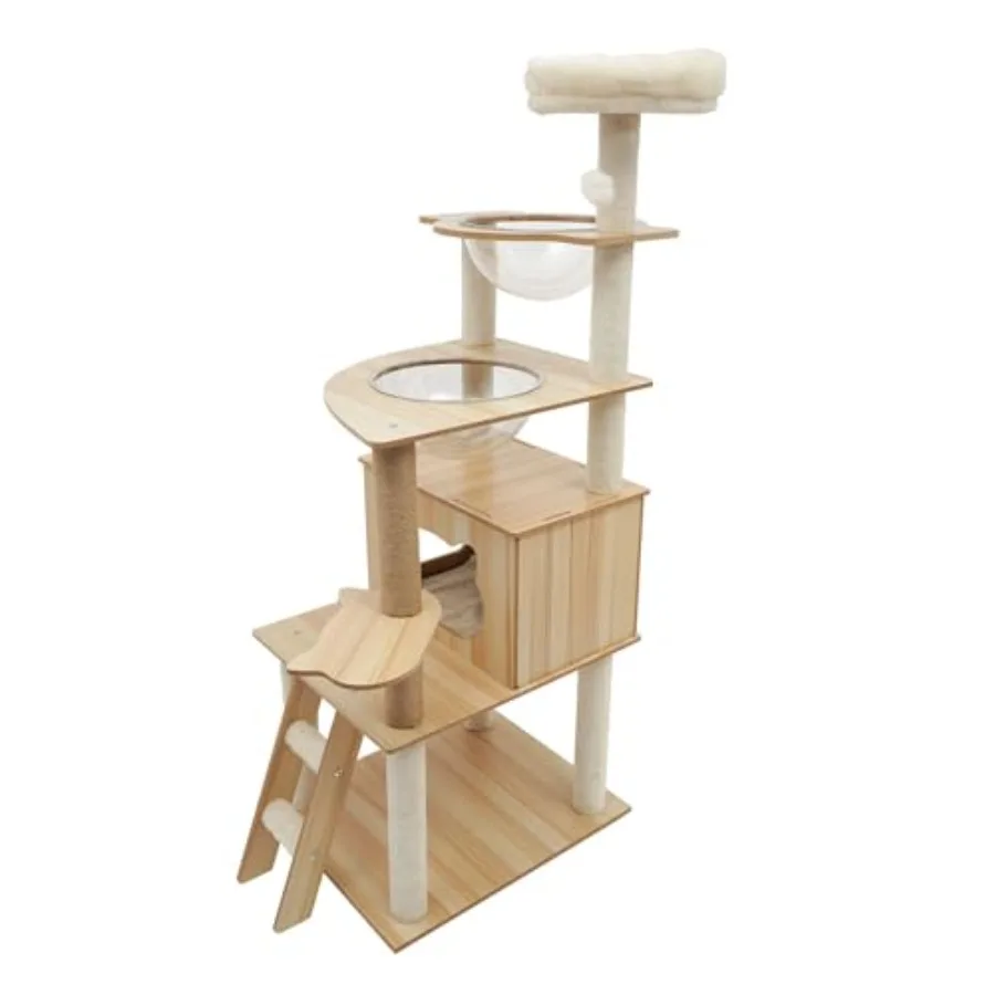 Wood Cat Tree Modern 5-Tier Wooden Cat Tree with Acrylic Space Capsules Sisal Scratching Post Multi-Level Activity Center in Na
