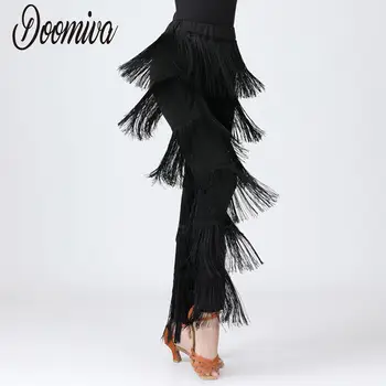 Mulheres latina borla calças de dança de salão tango cha-cha em camadas franja calças desempenho prática traje senhora sólida calças latinas