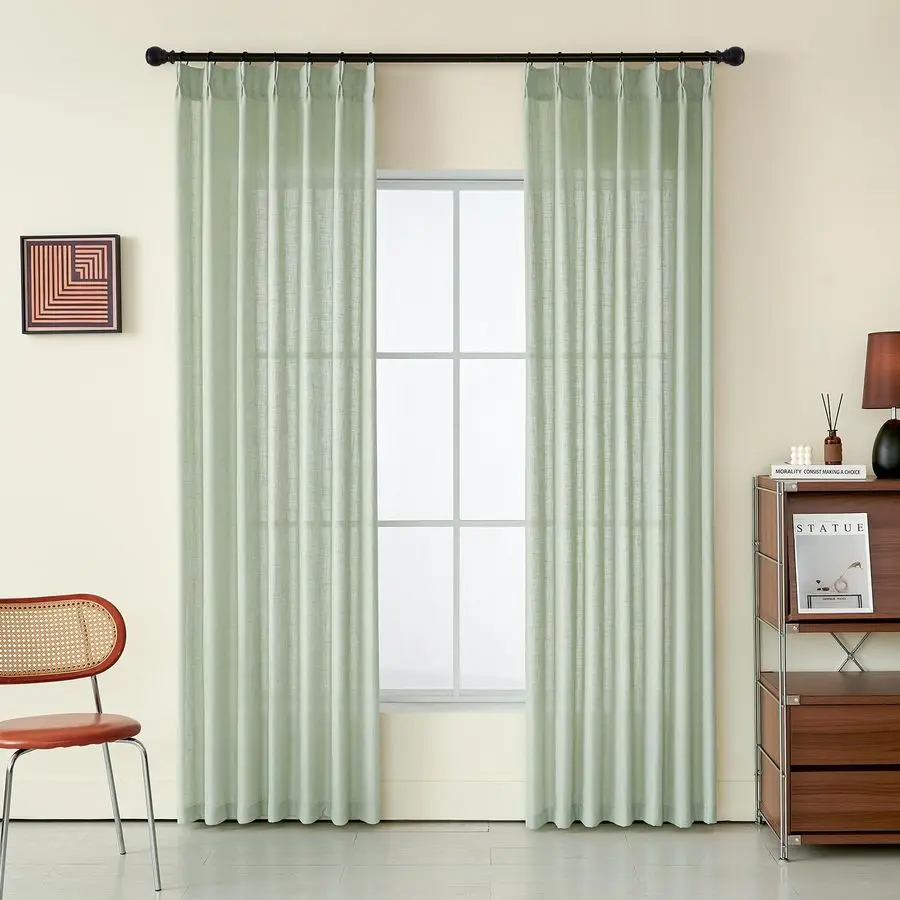 

Pleated Sage Green Linen Curtains 90 Inches Long for Living Room Bedroom Light Filtering Boho Semi Sheer Neutral Back Tab Pinch