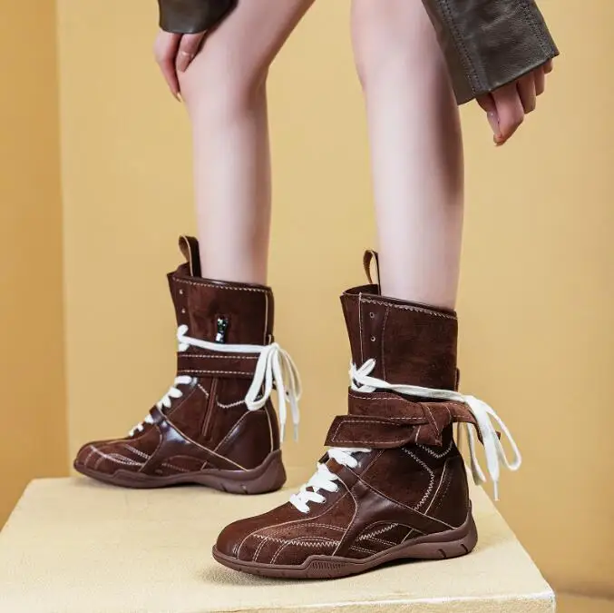 

Women's Fashion Boots Retro Leather Mid Calf Boots Women Soft Sole Short Boots New Platform Non-slip Round Toe Boots
