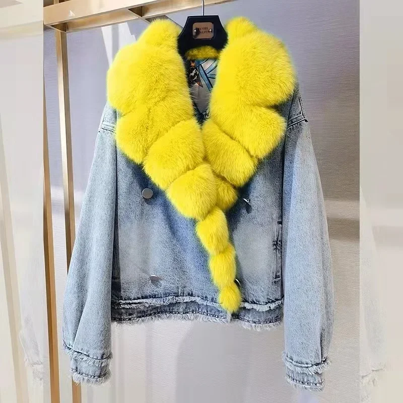 2022 Hot Sale Custom Fox Fur Coat Oversized Fashion Denim Fur Jacket Women with Fur Collar