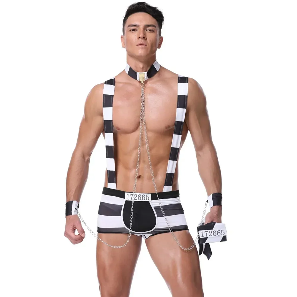 

Mens Black White Striped Prisoner Costume Role Play Erotic Uniforms Lingerie Set Adult Outfits