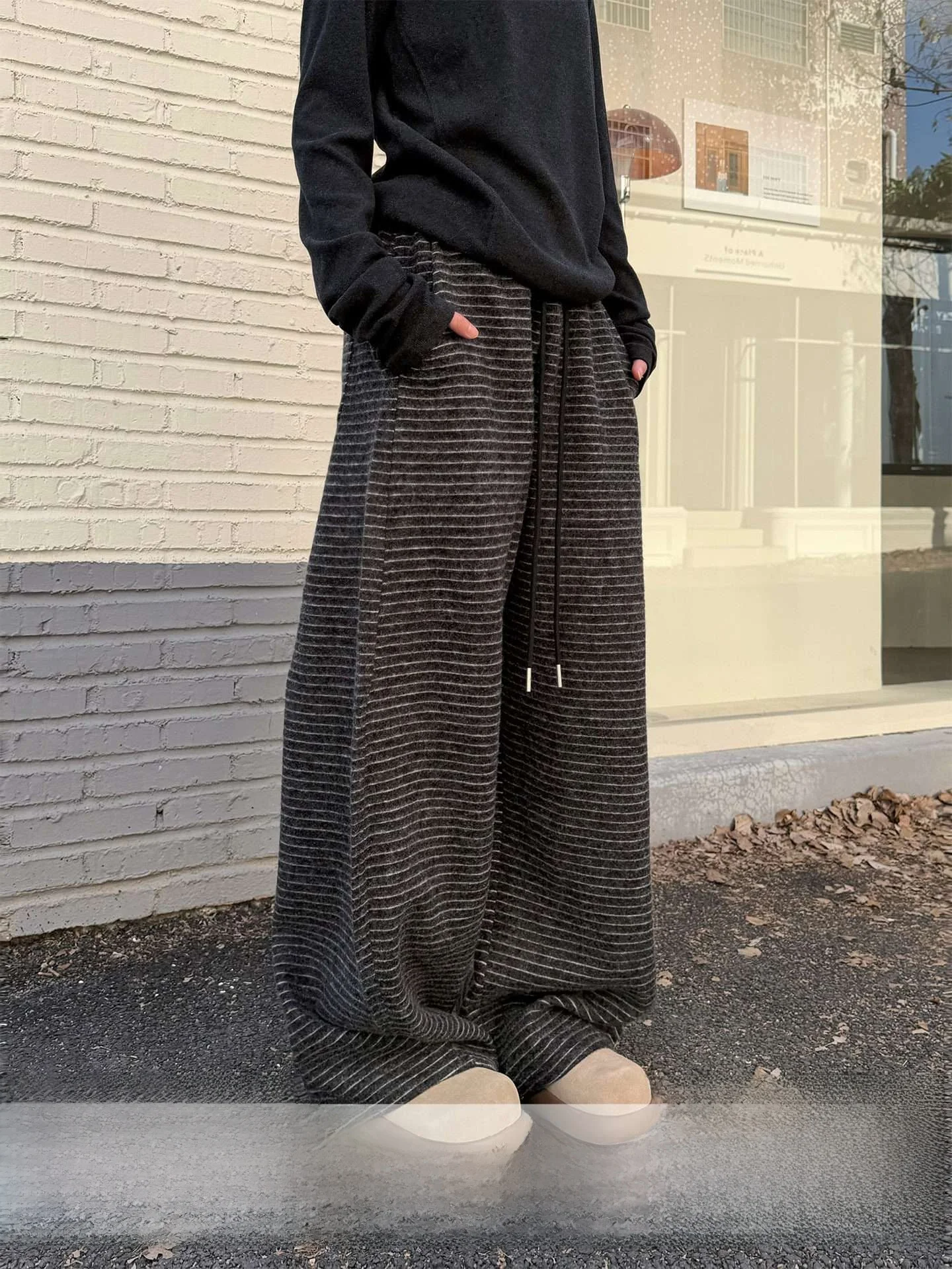 

Ja1 Vintage Striped Thick Warm Casual Sweatpants Winter Neutral Style Wide Leg Pants Couple's Comfy Asymmetrical Commute Pants